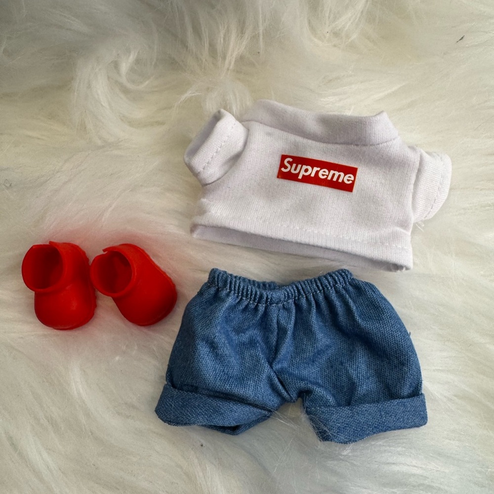 LABUBU Supreme White Top with Blue Shorts and Red Shoes